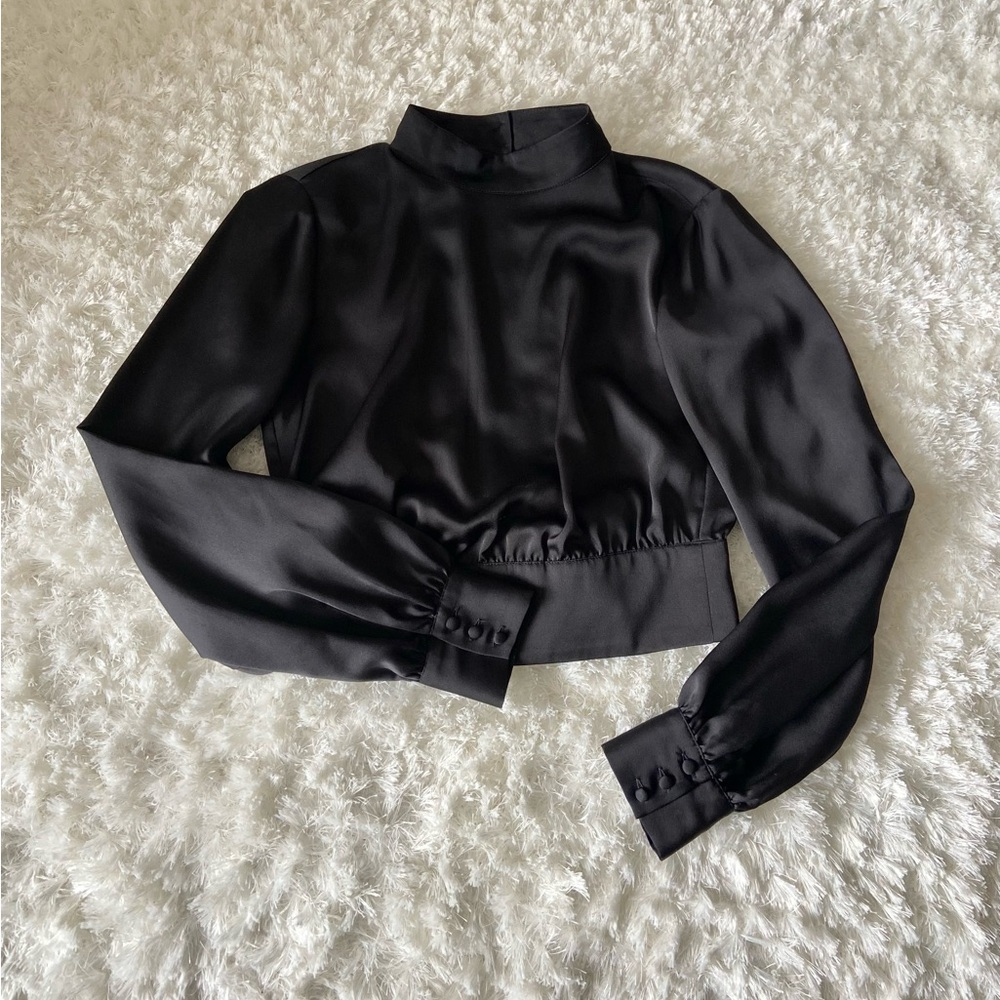 Marciano Black Satin Mock Neck Long Sleeve Blouse